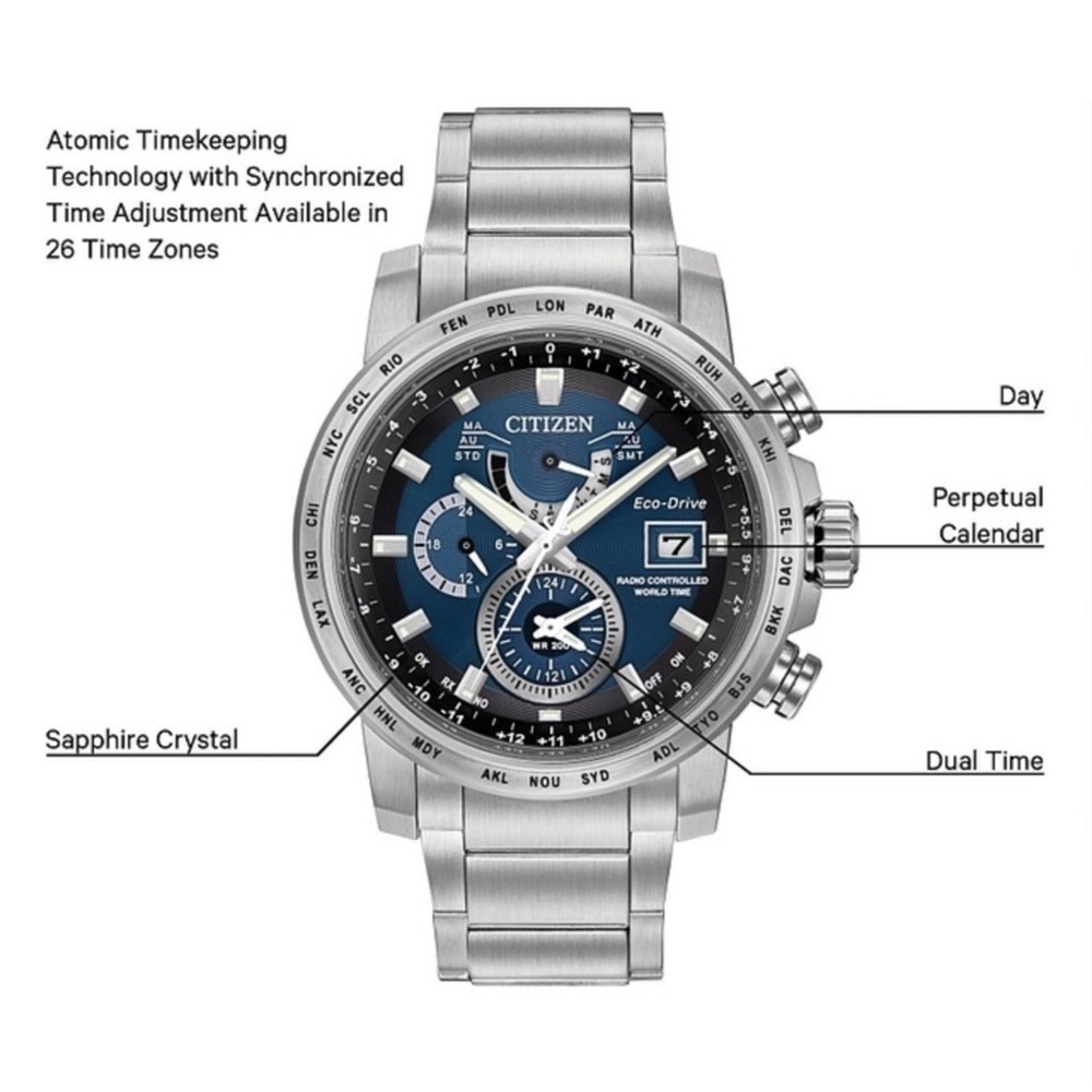 Citizen Eco-Drive World Time A-T Bracelet Watch Solar Silver-Toned w/ Blue Face - Picture 9 of 13
